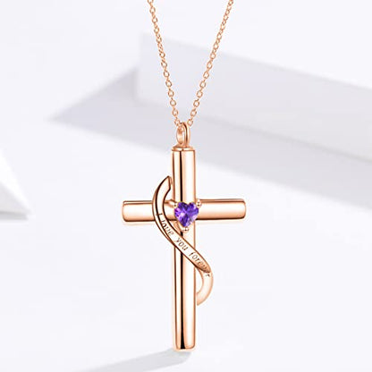 SOULMEET Personalize Solid 10k 14k 18k Real Gold Birthstone Cross Locket for Ashes, Simulated Gemstone Cross Urn Necklaces with Gold Chain Keepsake Cremation Jewelry - style: B-Custom Rose Gold February