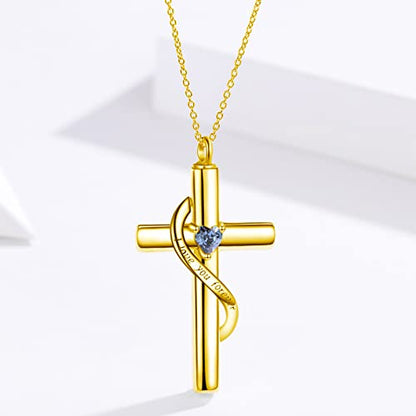 SOULMEET Crystal Cross Necklace for Ashes, Sterling Silver I Love You Forever Birthstone Cross Urn Necklaces for Ashes Keepsake Cremation Jewelry for Pet Human Ashes - style: M-Custom Real Gold + Birthstone