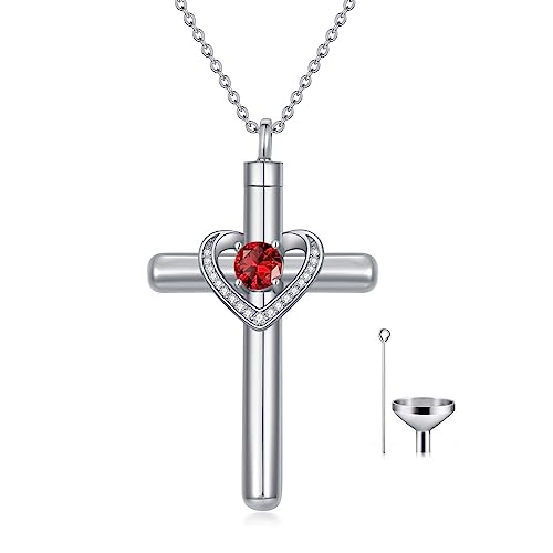AOBOCO Cross Necklace for Ashes, Sterling Silver Birthstone Cross Urn Necklaces for Ashes Embellished with Crystals from Austria Keepsake Cremation Jewelry for Pet Human Ashes - color: 01-garnet-Jan
