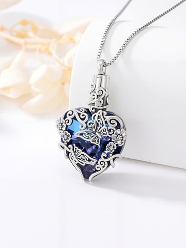 JKR Heart Urn Necklace for Ashes Crystal Keepsake Pendant Memorial Jewelry | Crystal Cremation Jewelry Loss Of Loved One Sympathy Gift for Mom Wife Grandma Daughter - style: Butterfly-Blue Heart