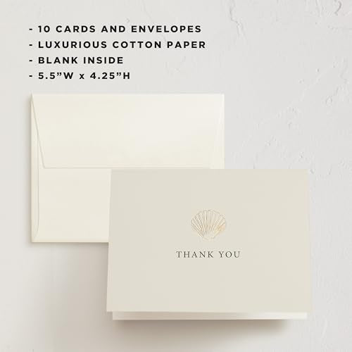 Minted Thank You Cards 10 Pack Simple Seashell Design Folded 4.25 x 5.5 Inch Blank Greeting Cards with Envelopes for Beach Wedding Coastal Events Appreciation Notes - color: Simple Seashell