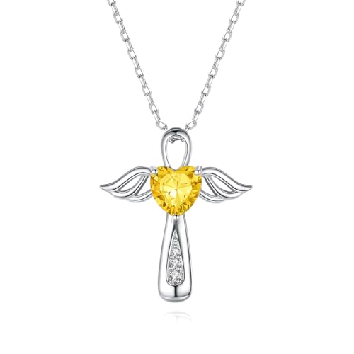 YLT S925 Sterling Silver Cross Angel Wings Necklace for Ashes | Cremation Urn Pendant Birthstone Jewelry Memorial Keepsake Memory Ashes Jewelry Gifts - color: Golden