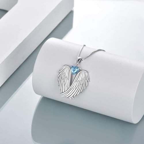 YFN Angel Wings Necklace 925 Sterling Silver Guardian Angel Wings Pendant Necklace Birthstone Necklace for Women Girls Christmas Jewelry Gifts - color: March-Blue