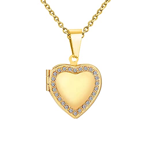 KunBead Women's Heart Photo Locket Necklace with Picture inside I Love You Heart Shaped Jewelry Pendant Necklace - color: gold