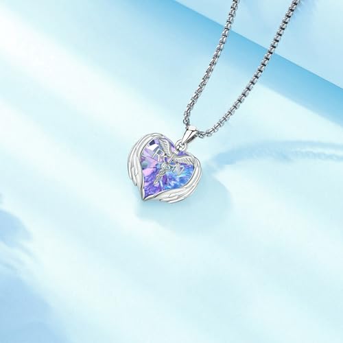 Angel Wings Necklace 925 Sterling Silver Guardian Angel Nurse RN Caduceus Pendant Charm Crystal Angel Jewelry Gifts for Women - style: G-Angel Wings-Nurse-RN-Purple