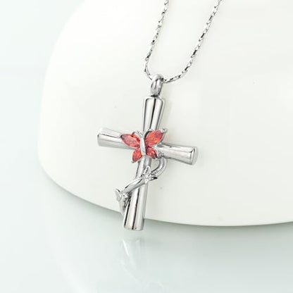 Imrsanl Cross with Butterfly Urn Necklaces for Ashes for Women - color: Silver Red