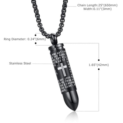 Mens Urn Necklace For Ashes Bullet Shape Cross Cremation Urn Jewelry - color: Black Chain