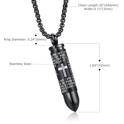 Mens Urn Necklace For Ashes Bullet Shape Cross Cremation Urn Jewelry - color: Black Chain