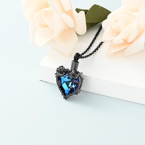 shajwo Cremation Jewelry Rose Flower Heart Urn Necklaces for Ashes for Women Memorial Human Ashes Pendant - color: Black-Blue