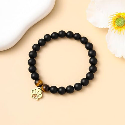 VZBarn Memorial Gifts for Loss of Pet’s Mom Pet Keepsake Dog Cat Paw Charm Natural Stone Bracelet Remembrance Gift for Women - color: Black Golden