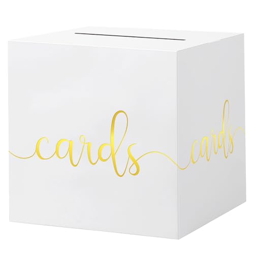 Hooqict White Card Box with Slot 9.1" Gold Foil Gift Card Box Holder for Party, Graduation, Wedding Reception, Retirement Party Decorations, Raffle Ticket Money Envelope - color: White Gold