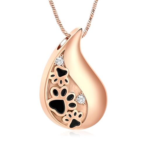 Yinplsmemory Pet Paw Print Teardrop Urn Necklace for Ashes for Dog/Cat Ashes Keepsake Memorial Pet Cremation Jewelry - color: Rose gold