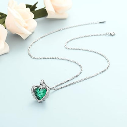 shajwo Angel Wing Heart Urn Ashes Necklace for Women Men | Cremation Jewelry,Birthstone Necklace of Loved One,Memorial Pendant for Human Pet - color: Silver-Green