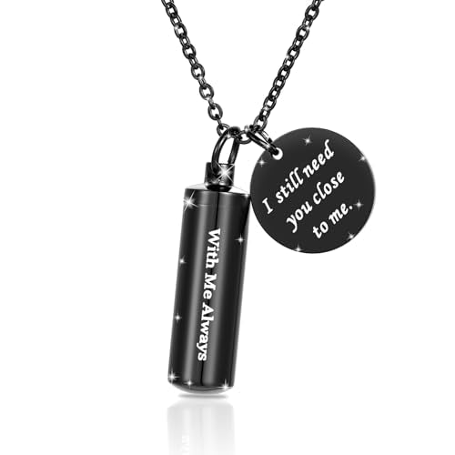 Cremation Cylinder Necklace for Ashes Stainless Steel Urn Locket Pendant Ashes Holder Memorial Jewelry - With Me Always - color: Black