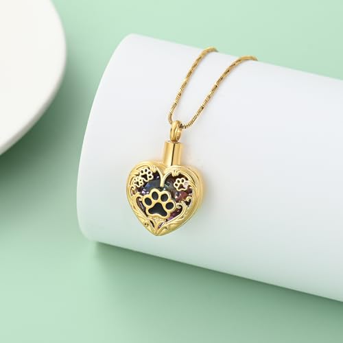 Yinplsmemory Pet Urn Necklace Pendant Jewelry for Dog Cat Memorial Crystal Heart Cremation Jewelry with Paw Print Ashes Keepsake Funeral Jewelry - color: Gold-purple