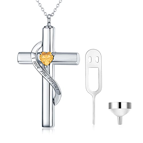 SOULMEET Crystal Cross Necklace for Ashes, Sterling Silver I Love You Forever Birthstone Cross Urn Necklaces for Ashes Keepsake Cremation Jewelry for Pet Human Ashes - style: K-White Gold-November