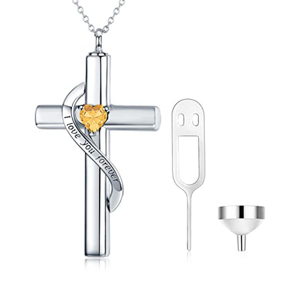 SOULMEET Crystal Cross Necklace for Ashes, Sterling Silver I Love You Forever Birthstone Cross Urn Necklaces for Ashes Keepsake Cremation Jewelry for Pet Human Ashes - style: K-White Gold-November