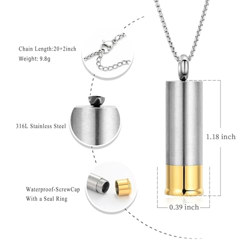 Oinsi Shotgun Shell Cremation Jewelry Urn Necklace For Ashes Of Loved Ones -Dad/Mom/Son/Grandma/Grandpa Cylinder Memorial Locket Pendant Necklace - color: Silver