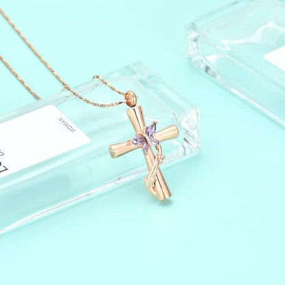 Butterfly Cross Urn Necklace for Ashes Birthstone Cremation Jewelry for Men Women Ashes Pendant Keepsake Memorial Ash Jewelry - color: Rosegold-Purple