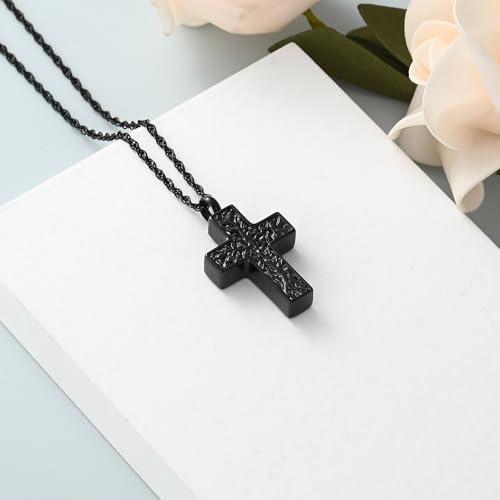 shajwo Tree of Life Cross Cremation Jewelry Urn Necklaces for Ashes | Memorial Ashes Pendant Necklace of Loved One Women Men Ashes Keepsake Necklace - color: Black