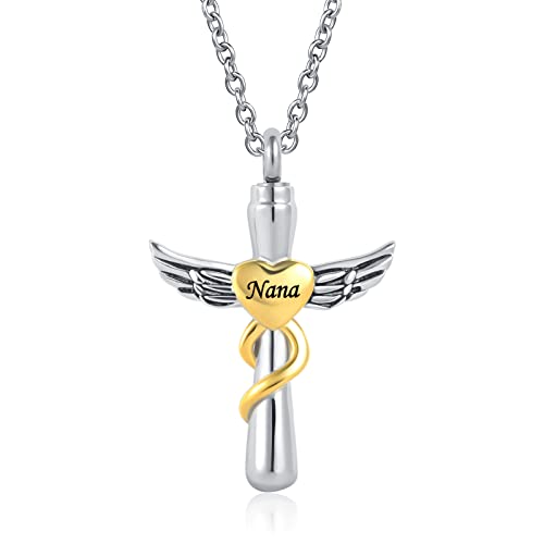 Cross Heart Angel Wing Urn Necklace for Ashes Men Women Cremation Keepsake Pendant Ashes Holder Memorial for Dad Mom Sister Brother Nana - style: Nana