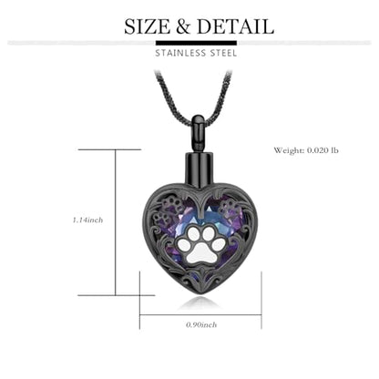 Yinplsmemory Pet Urn Necklace Pendant Jewelry for Dog Cat Memorial Crystal Heart Cremation Jewelry with Paw Print Ashes Keepsake Funeral Jewelry - color: Black-Purple