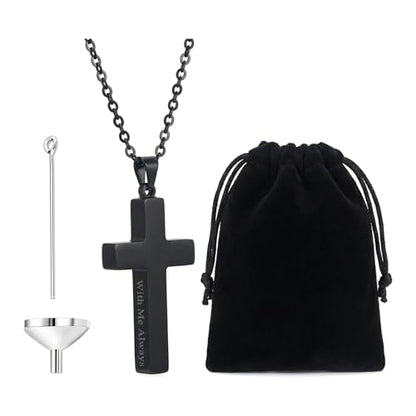 Cross Urn Necklaces For Ashes, Black Cross Ashes Necklace For Men Women, Stainless Steel Memorial Ash Holder Pendant, 'With Me Always' Keepsake Cremation Jewelry With Filling Kit & Velvet Bag