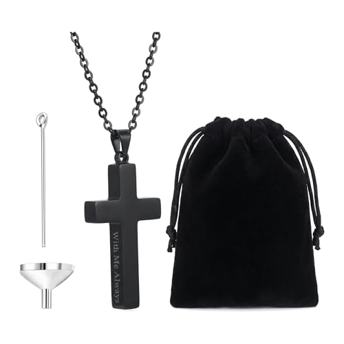 Cross Urn Necklaces For Ashes, Black Cross Ashes Necklace For Men Women, Stainless Steel Memorial Ash Holder Pendant, 'With Me Always' Keepsake Cremation Jewelry With Filling Kit & Velvet Bag