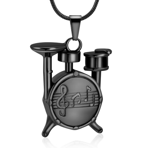 Drum Urn Necklace for Ashes Music Cremation Jewelry for Women Men Stainless Steel Memorial Necklaces Ash Holder for Human Pets Keepsake Jewelry for Loved Ones with Fill Tool - color: Black