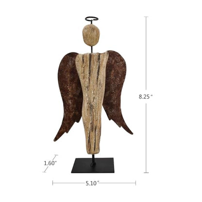 Rustic Wood Angel Figurine Hand Craved Sculpture Tabletop Decor Statue Home | Farmhouse Decor Memorial Gift 8.25" H - size: 8.25“H