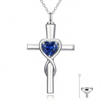YYB Urn Necklace for Ashes Women Heart Birthstone Cross Cremation Jewelry | Memorial Keepsake Funeral Jewelry for Loved Ones (with Funnel Filler) - color: 09-Sep-Sapphire