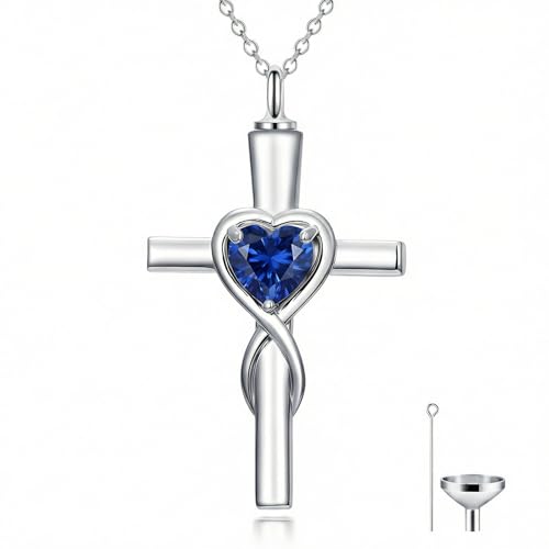 YYB Urn Necklace for Ashes Women Heart Birthstone Cross Cremation Jewelry | Memorial Keepsake Funeral Jewelry for Loved Ones (with Funnel Filler) - color: 09-Sep-Sapphire