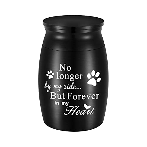 XIUDA 2.8 inches Mini Pet Memorial Small Urns for Dog and Cat Ashes, Stainless Steel Cremation Urn, Pet Paw Print Keepsake Urn for Ashes - No Longer by My Side Forever in My Heart - color: L Black