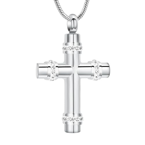 Cross Cremation Urn Necklace for Ashes, Crystal Inlaid Stainless Steel Memorial Pendant, Keepsake Jewelry for Human or Pet Ashes for Loved One Memorial Gift - color: Silver