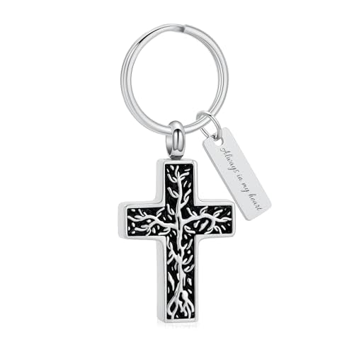 XSMZB Cross Urn Necklace for Ashes for Women Men Tree of Life Cross Cremation Jewelry Keepsake Pendant for Ashes of Loved One - color: Silver Keychain