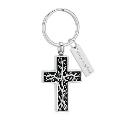XSMZB Cross Urn Necklace for Ashes for Women Men Tree of Life Cross Cremation Jewelry Keepsake Pendant for Ashes of Loved One - color: Silver Keychain