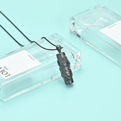 Cylinder Urn Necklace for Ashes Roseflower Cremation Jewelry Urn Ashes Necklace for Women Men Memorial Keepsake Necklace of Loved One - color: Black