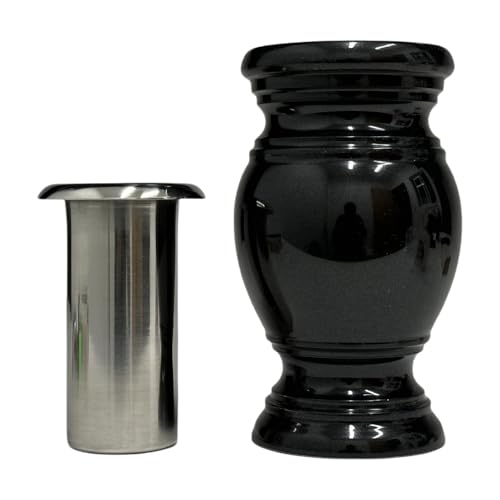 Memorial Cemetery Flower Vase - Real Black Granit with Stainless Steel Inner, Grave Marker, Decorations for Gravesite, Headstone Flowers Holder, Garden Lawn & Yard 5.5x9 inches