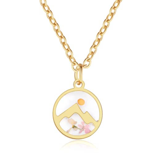 AUNTESIGN Forget-Me-Not and Queen Anne's Lace Pressed Wildflower Necklace | Birth Month Flowers Necklace | Gold/Silver Pressed Flower Jewelry | Mother's Day | Gift For Her - color: Mustard seed Necklace