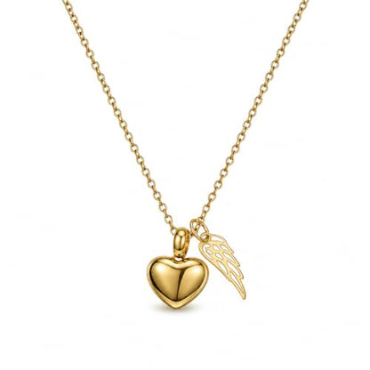 Gold Heart Urn Necklace for Ashes, Gold Stainless Steel Cremation Jewelry with Angel Wing Charm, Waterproof Memorial Keepsake Pendant, 22 Inch Chain with Lobster Clasp & Filling Funnel