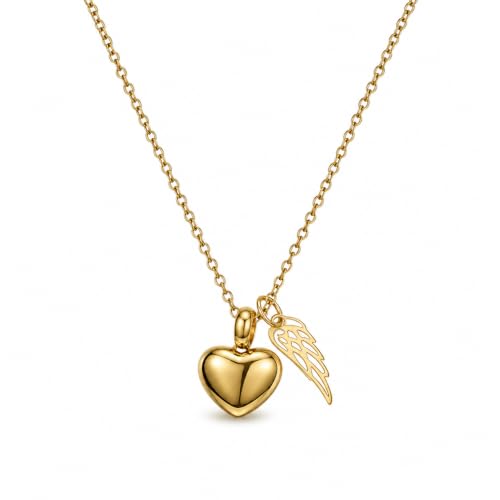 Gold Heart Urn Necklace for Ashes, Gold Stainless Steel Cremation Jewelry with Angel Wing Charm, Waterproof Memorial Keepsake Pendant, 22 Inch Chain with Lobster Clasp & Filling Funnel