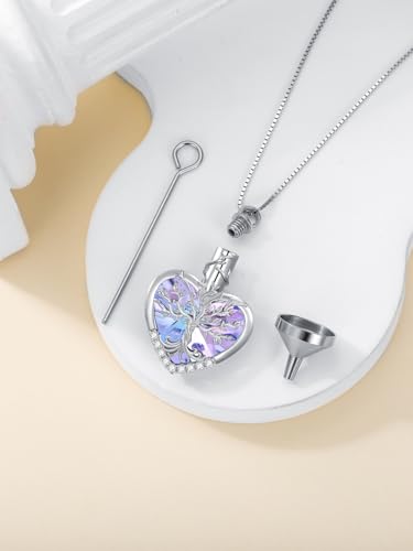 WINNICACA Urn Necklaces for Ashes 925 Sterling Silver Tree of Life Heart Cremation Jewelry for Ashes Jewelry Gifts for Human Ashes Keepsake Memorial Jewelry for Women Men - style: 2-Purple Crystal Tree of Life Urn