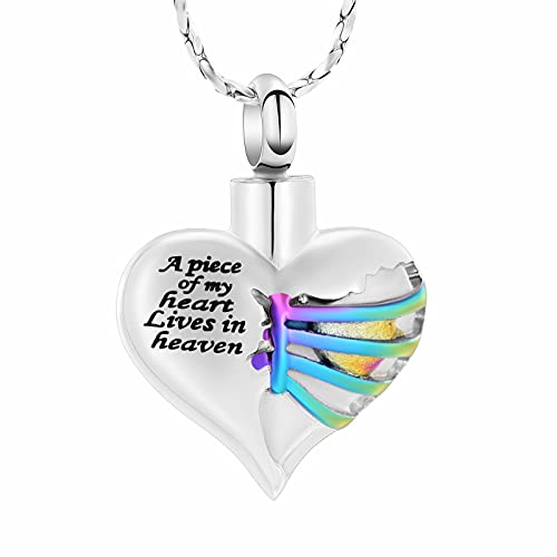 Imrsanl Heart Cremation Urn Necklace Pendant for Human Ashes - A Piece of My Heart Lives in Heaven Memorial Keepsakes Cremation Jewelry - color: Colorful