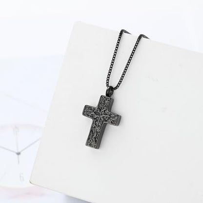 XSMZB Cross Urn Necklace for Ashes for Women Men Tree of Life Cross Cremation Jewelry Keepsake Pendant for Ashes of Loved One - color: Black
