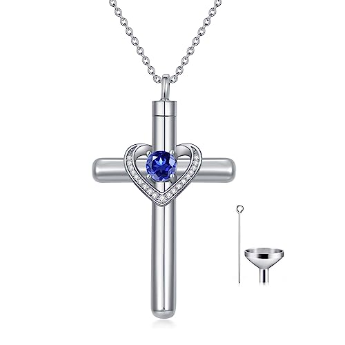 AOBOCO Cross Necklace for Ashes, Sterling Silver Birthstone Cross Urn Necklaces for Ashes Embellished with Crystals from Austria Keepsake Cremation Jewelry for Pet Human Ashes - color: 09-sapphire-Sept