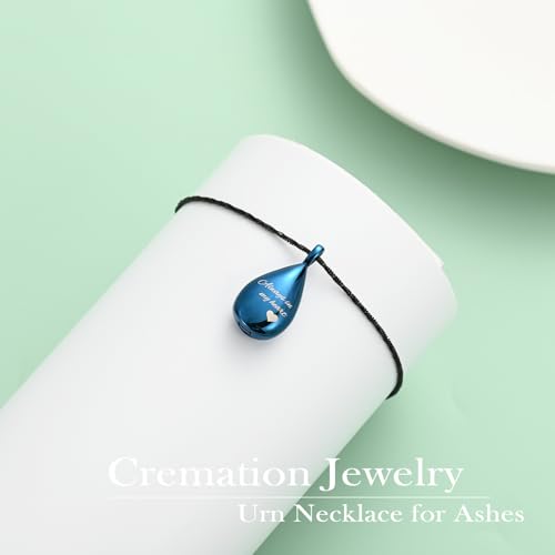 Yinplsmemory Carved Teardrop Keepsake Ashes Necklace Urn Pendant Cremation Memorial Jewelry-Always in my heart - color: Blue