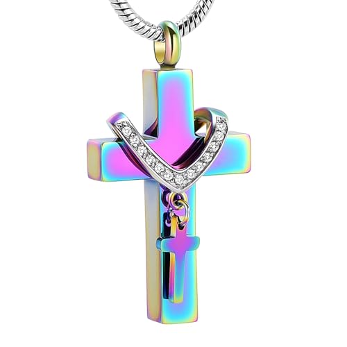 Minicremation Christmas Mens Gift- Stainless Steel Black Plated Cross Urn Pendant Memorial Ashes Keepsake Cremation Jewelry +fill kit +free 20 Inch Chain (Colorful)