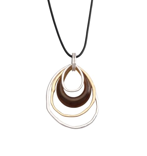 PU Leather Necklace Vintage Boho Multilayer Pendant for Women Men | Bohemian Hippie Style, Handmade Alloy Sweater Choker, Easy Adjustable Long Cord, Fit Daily Holiday Party Outfits,Jewelry Gift - color: Gold Silver 4 Rings Pendant Necklace