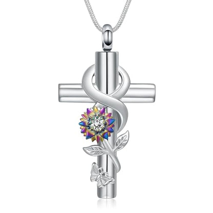 Cross Sunflower Cremation Jewelry Urn Necklaces Cross Urn Pendant Necklaces for Ashes Memorial Keepsake Pendant for Women Men Gifts With Funnel Kit & Bag - color: Rainbow