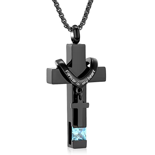 Oinsi Black Cross Urn Necklace For Ashes Of Loved Ones With Birthstone Always In My Heart Cremation Jewelry Keepsake Pendant Women Men - color: Light Blue Stone